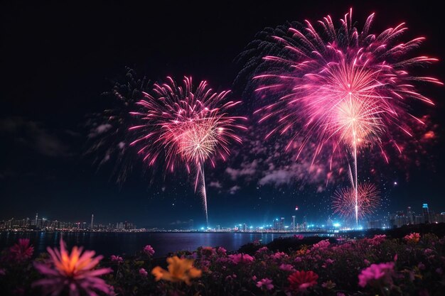 feux d'artifice et fleurs la nuit