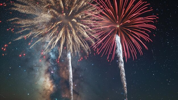 Feux d'artifice avec un fond flou de la voie lactée