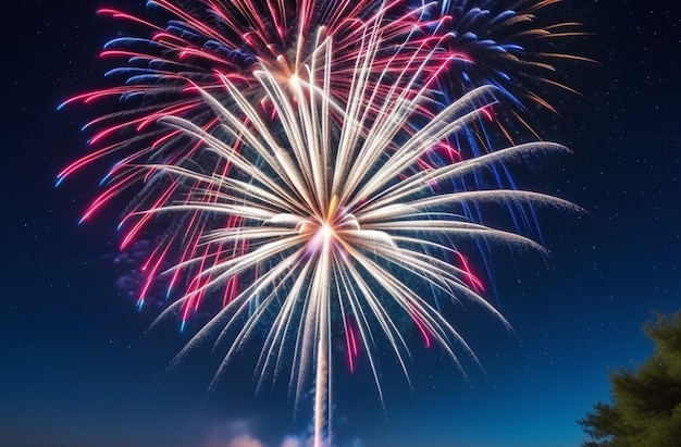 Des feux d'artifice avec un fond flou de la voie lactée