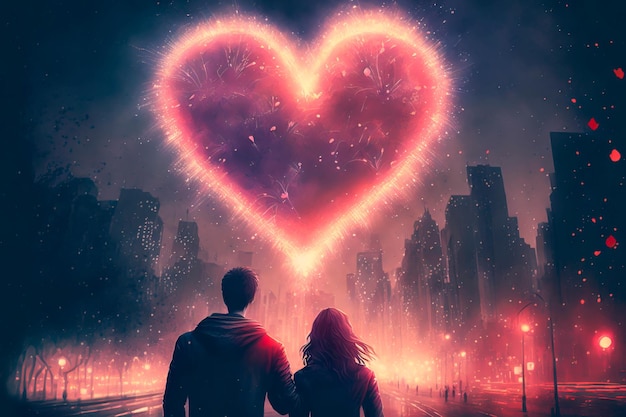 Feux d'artifice en forme de coeur Amoureux couple fond nuit ville Saint Valentin Generative AI