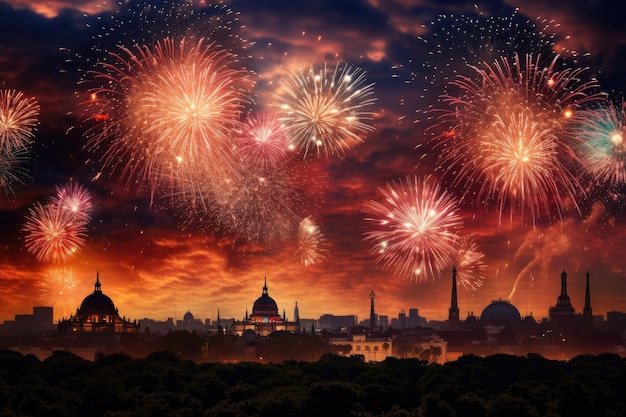 Des feux d'artifice hypnotisants créent un spectacle spectaculaire au-dessus d'une ville animée améliorant son charme nocturne.