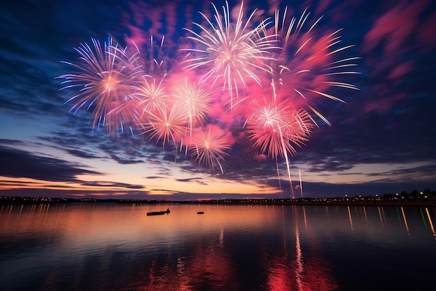 Des feux d'artifice sur le lac avec des bateaux en arrière-plan