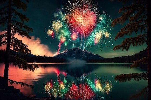 Feux d'artifice sur un lac avec des montagnes en arrière-plan