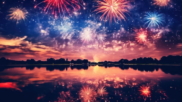 feux d'artifice sur le lac avec réflexion de l'eau