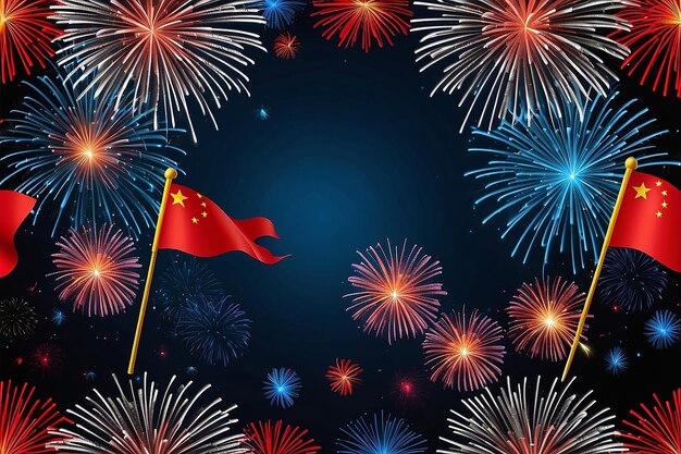 Photo feux d'artifice lumineux avec des drapeaux de la chine pour les fêtes illustration