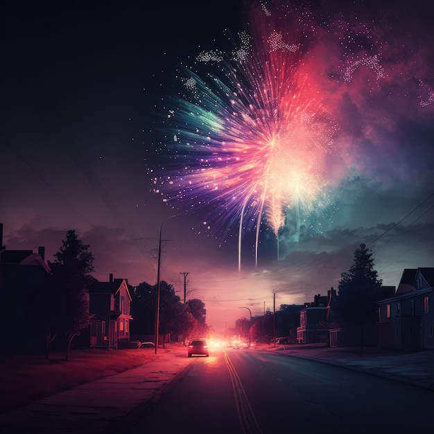 Feux d'artifice multicolores explosant au-dessus de la rue de la ville créés à l'aide de la technologie générative ai