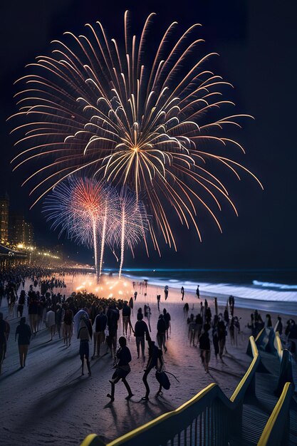 Feux d'artifice la nuit sur la plage avec des gens IA générative