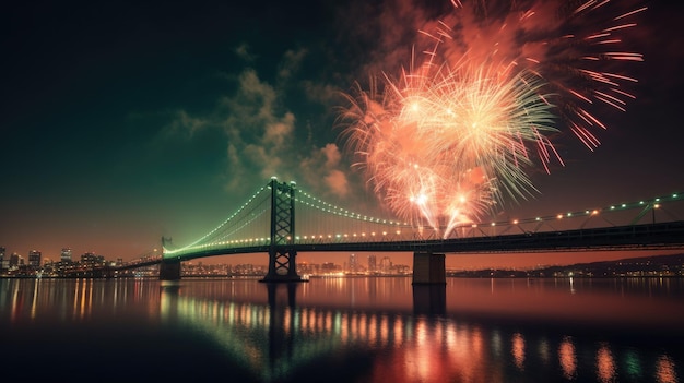 Feux d'artifice la nuit sur le pont