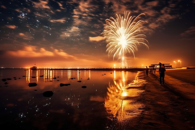 Feux d'artifice à la plage la nuit