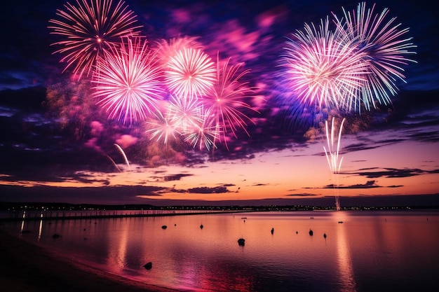 Des feux d'artifice sur la plage et un pont en arrière-plan