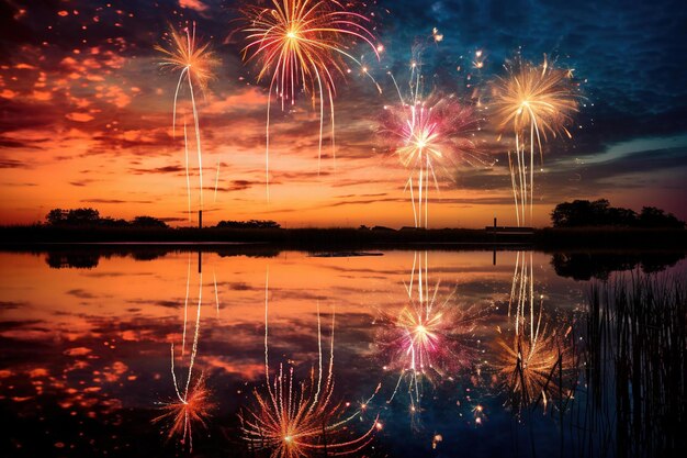 Des feux d'artifice reflétés dans un lac tranquille avec des silhouettes de roseaux