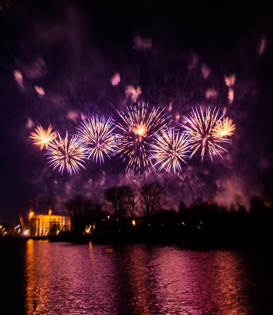 Des feux d'artifice sur la rivière la nuit