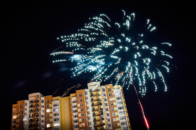 Feux d'artifice en rose sur le ciel nocturne noir