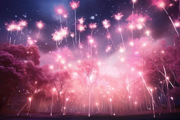 Feux d'artifice roses illuminant la vie rose du ciel nocturne