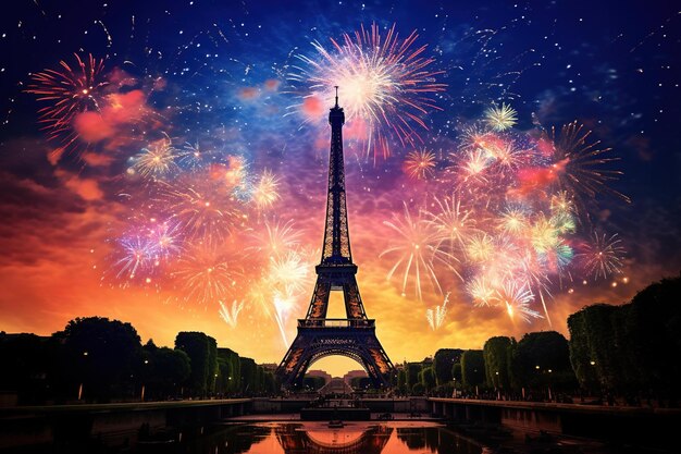 Des feux d'artifice s'épanouissent derrière la silhouette d'un monument emblématique comme la tour Eiffel