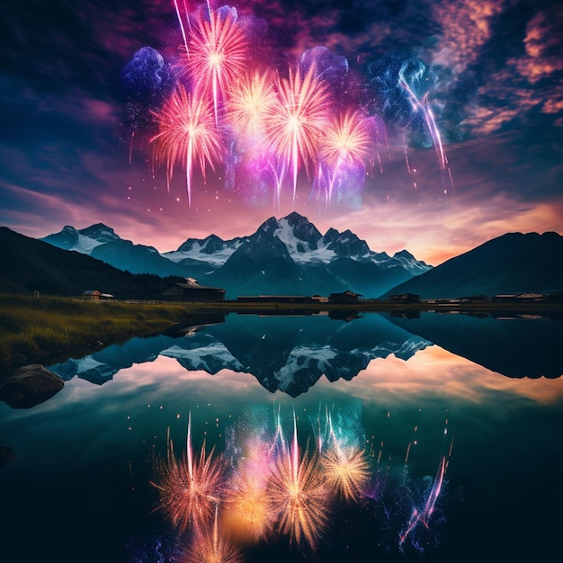 Photo des feux d'artifice sont allumés dans le ciel au-dessus d'un lac et des montagnes.