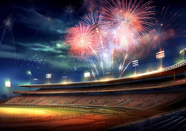 Des feux d'artifice sont allumés dans le ciel au-dessus d'un stade de baseball ai génératif