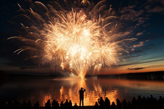 Photo des feux d'artifice spectaculaires montrent un jeu fascinant de lumières dans le ciel