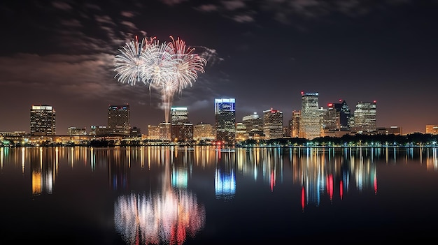 Feux d'artifice sur une ville avec une ville en arrière-plan