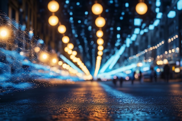 Des feux bleus et jaunes sur une route d'asphalte vide et mouillée