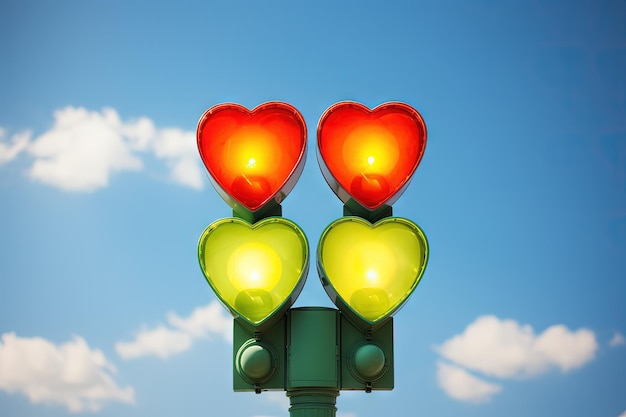 Photo des feux de circulation colorés symbolisant l'amour contre un ciel bleu