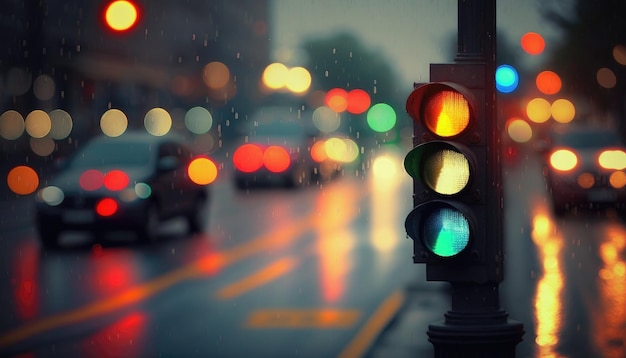 Les feux de circulation s'estompent dans les rues pluvieuses Fond d'écran AI générative
