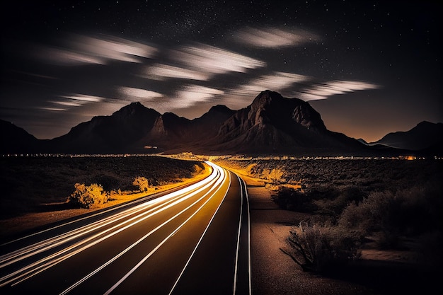 Feux de route de nuit Lumières des voitures en mouvement à la nuit ai générative