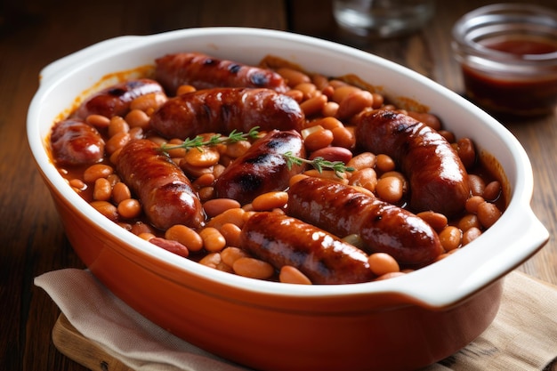 Fèves au lard avec nachos et saucisses