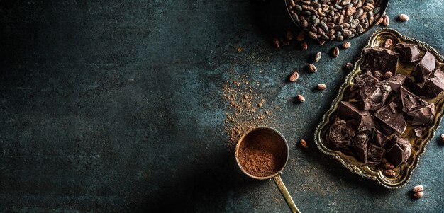 Fèves de cacao au chocolat noir et poudre sur table en béton.