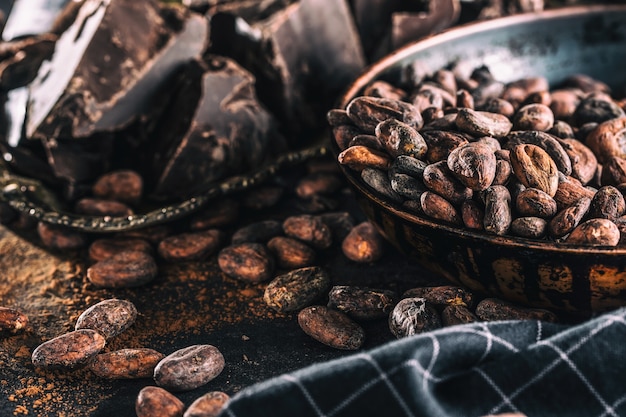 Fèves de cacao au chocolat noir et poudre sur table en béton.