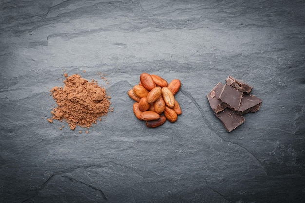 Fèves de cacao biologiques, poudre de cacao et chocolat sur fond noir en pierre. Composition horizontale