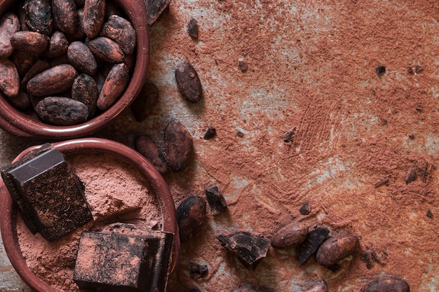 Fèves de cacao et bols de poudre avec des morceaux de chocolat