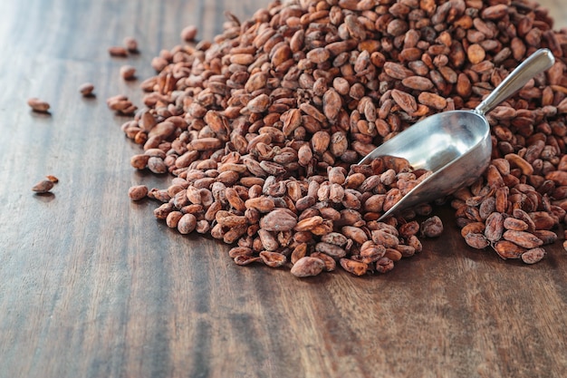 Fèves de cacao crues sur une table en bois