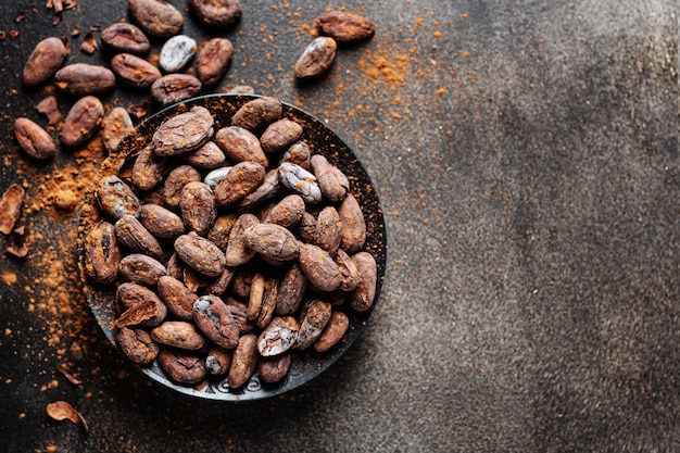 Fèves de cacao sur la plaque closeup