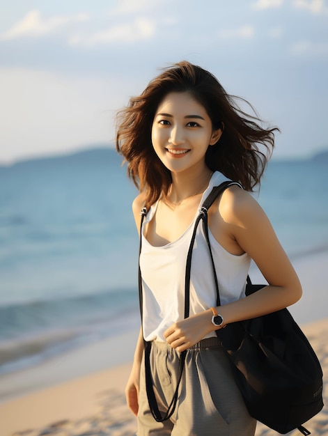 fFcus sur une jolie fille coréenne souriante au bord de la mer