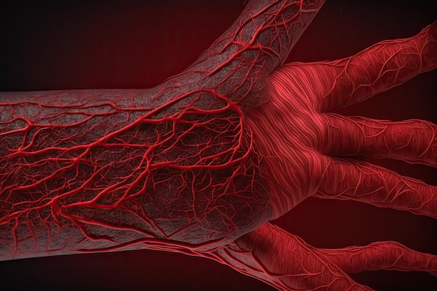 Fibres musculaires rouges du bras sur fond de microvaisseaux créés avec l'IA générative