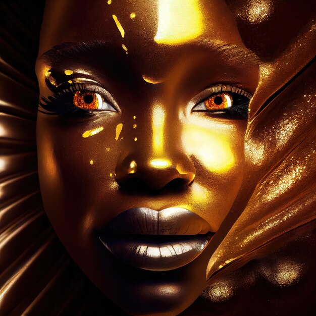 fictive pas vraie belle femme africaine aux couleurs or et noir faite avec l'IA générative