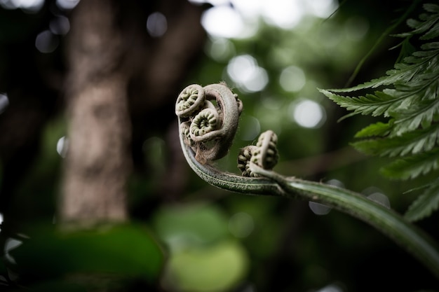 Fiddlehead de fougère se déployant avec la mise au point sélective