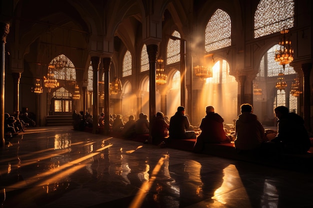 Les fidèles dans la mosquée lisent le Coran Atmosphère sereine IA générative