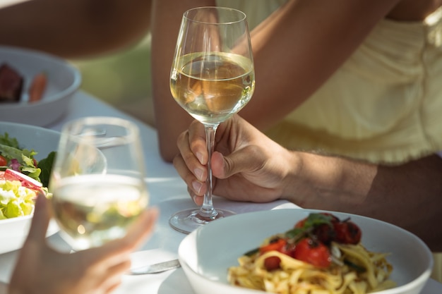 Fiends ayant un verre de vin tout en ayant au restaurant