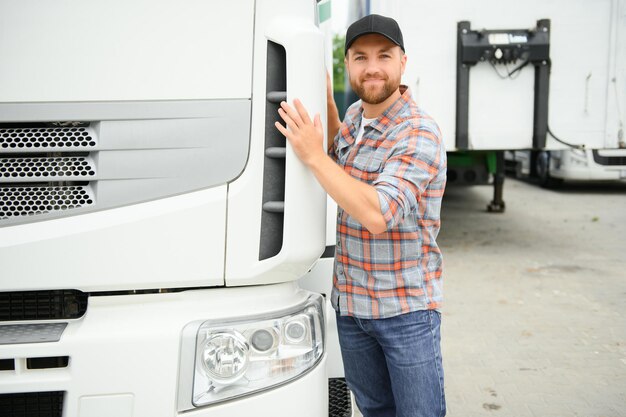 Photo fier camionneur professionnel debout devant son thème de camionnage et de transport