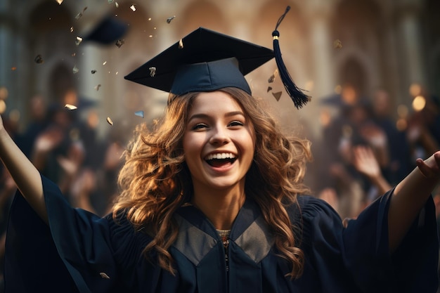 Fier diplômé jetant la casquette de remise des diplômes en l'air