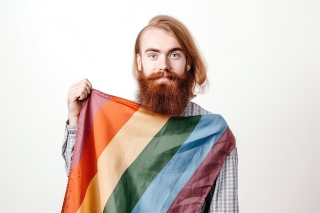 Fier homme gay tenant un drapeau arc-en-ciel tout en étant isolé sur blanc créé avec une IA générative