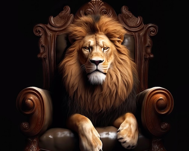 Fier lion assis gracieusement sur la chaise en cuir marron Animal king isolé sur fond noir Generative AI