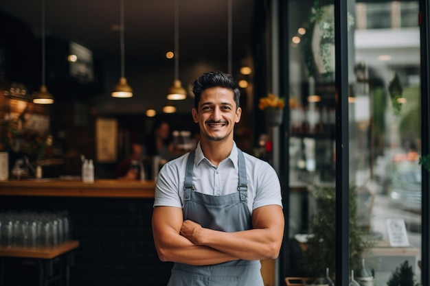 Fier propriétaire de café devant le Cosy Cafe Generative Ai