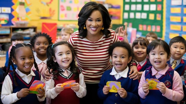 Une fière enseignante avec ses élèves du primaire.