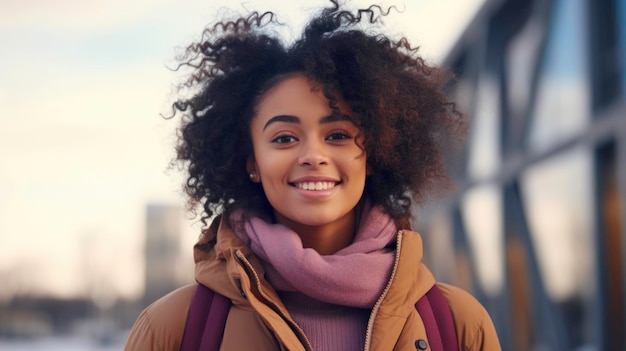 Fière fille africaine souriante étudiante à la peau foncée à l'extérieur portrait heureux avec espace de copie