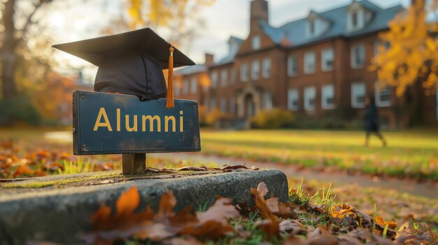 La fierté des anciens avec la casquette de diplôme ALUMNI signe devant un bâtiment académique