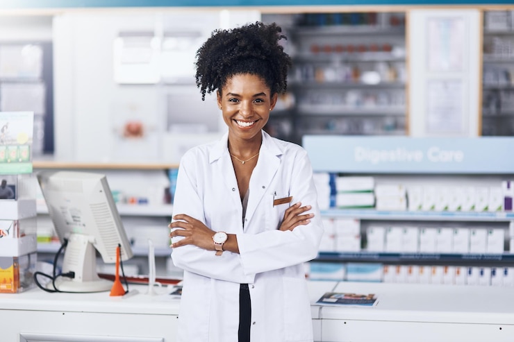 Photo fierté femme noire et pharmacien avec portrait dans la clinique de conseils de soins de santé consultant médical et confiance en médecine personne féminine confiante et bras croisés de bien-être pharmaceutique à la pharmacie