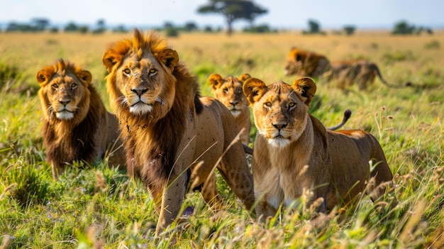 La fierté des lions dans leur habitat naturel dans les plaines de la savane africaine sous le ciel bleu